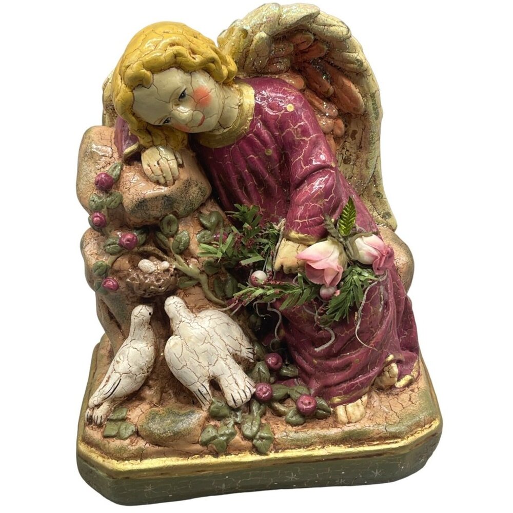 Hand-Painted Angel Figurine With Doves & Roses Floral Accents Vintage Decor Resi